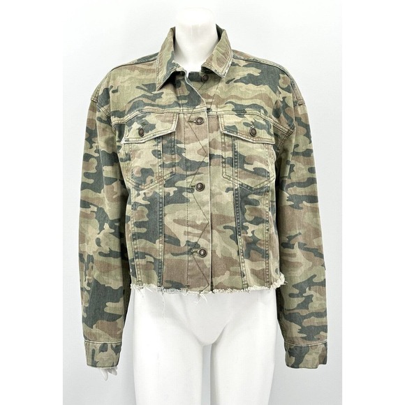 Free People Womens Camo Printed Denim Jacket Medium Green Botanical Combo Cotton
